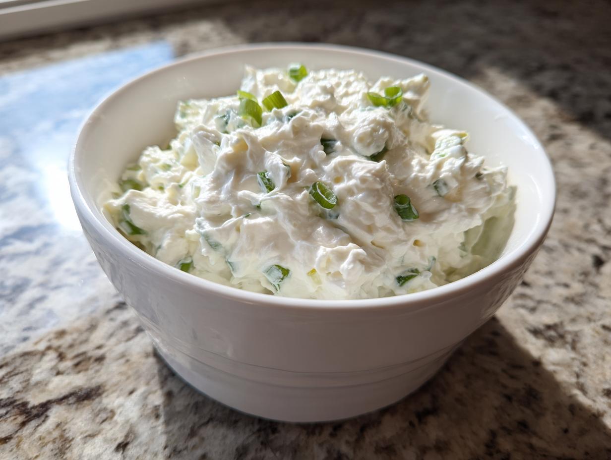 A white bowl filled with creamy clam dip, garnished with chopped green onions, sitting on a granite countertop.