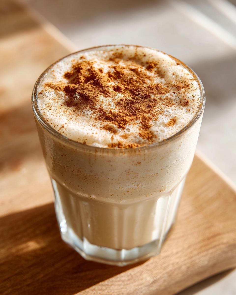 Close-up of a glass filled with creamy coquito, topped with thick foam and a dusting of ground cinnamon.