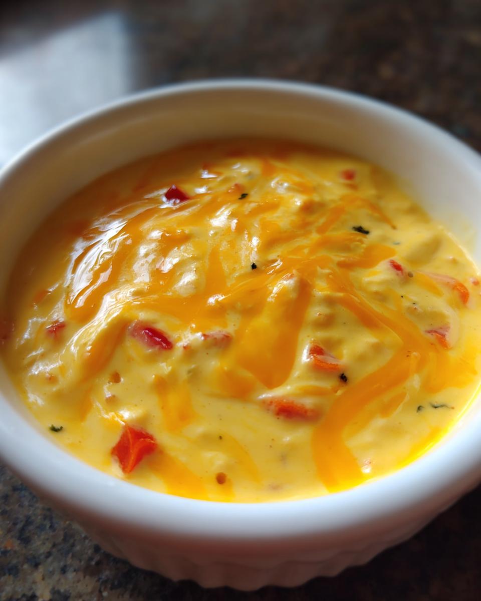 A close-up view of creamy cottage cheese queso topped with melted shredded cheddar cheese in a white serving bowl.