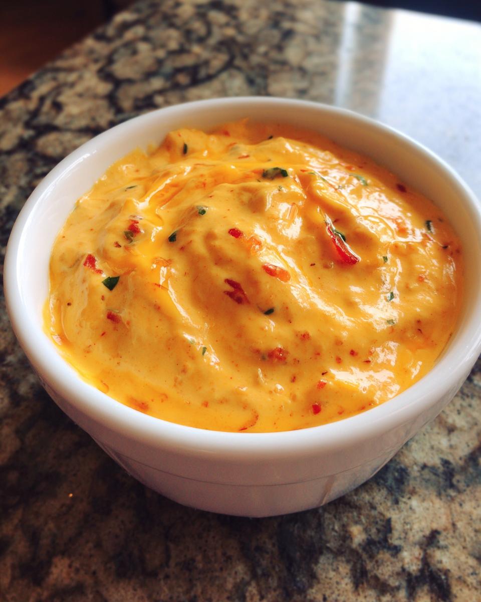 A close-up of creamy, orange cottage cheese queso dip with visible red pepper flakes in a small white bowl.