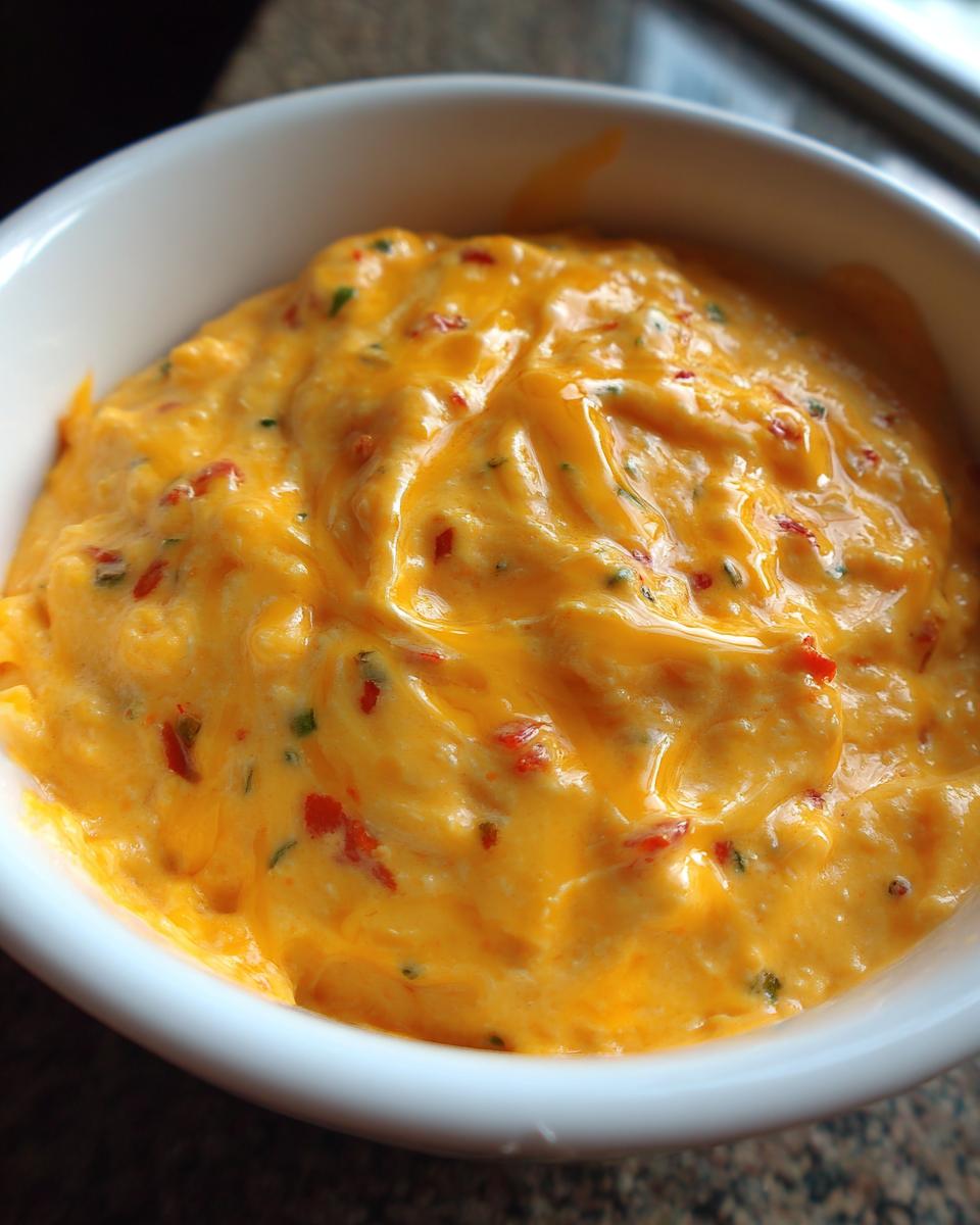 Close-up of rich, orange cottage cheese queso dip swirled in a white bowl, showing flecks of red pepper.
