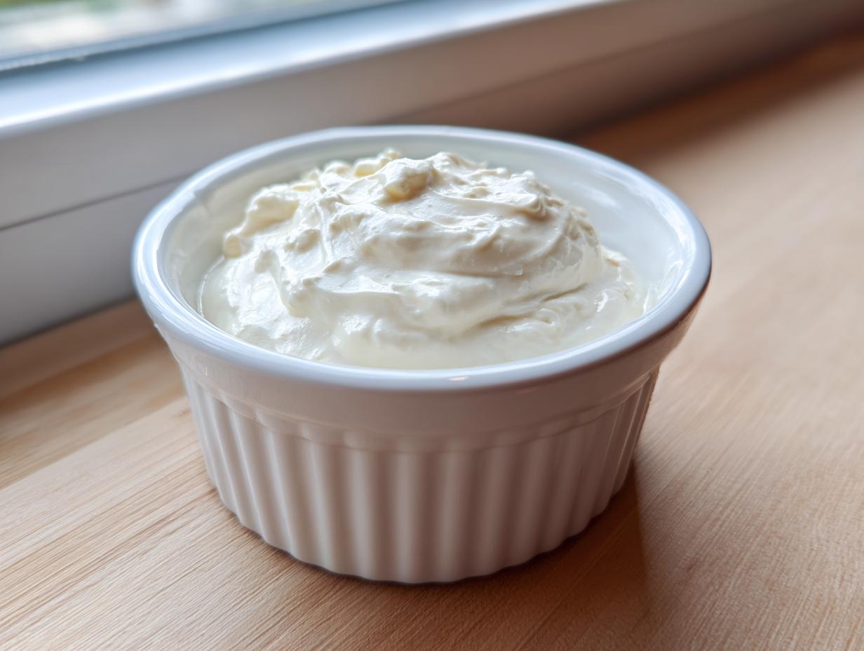A white ramekin filled with creamy horseradish sauce, sitting on a light wooden surface near a window.