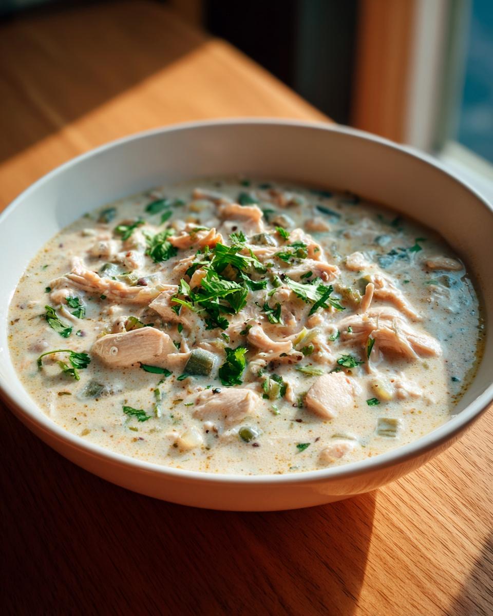 A close-up of a white bowl filled with creamy keto white chicken chili, topped with fresh cilantro.