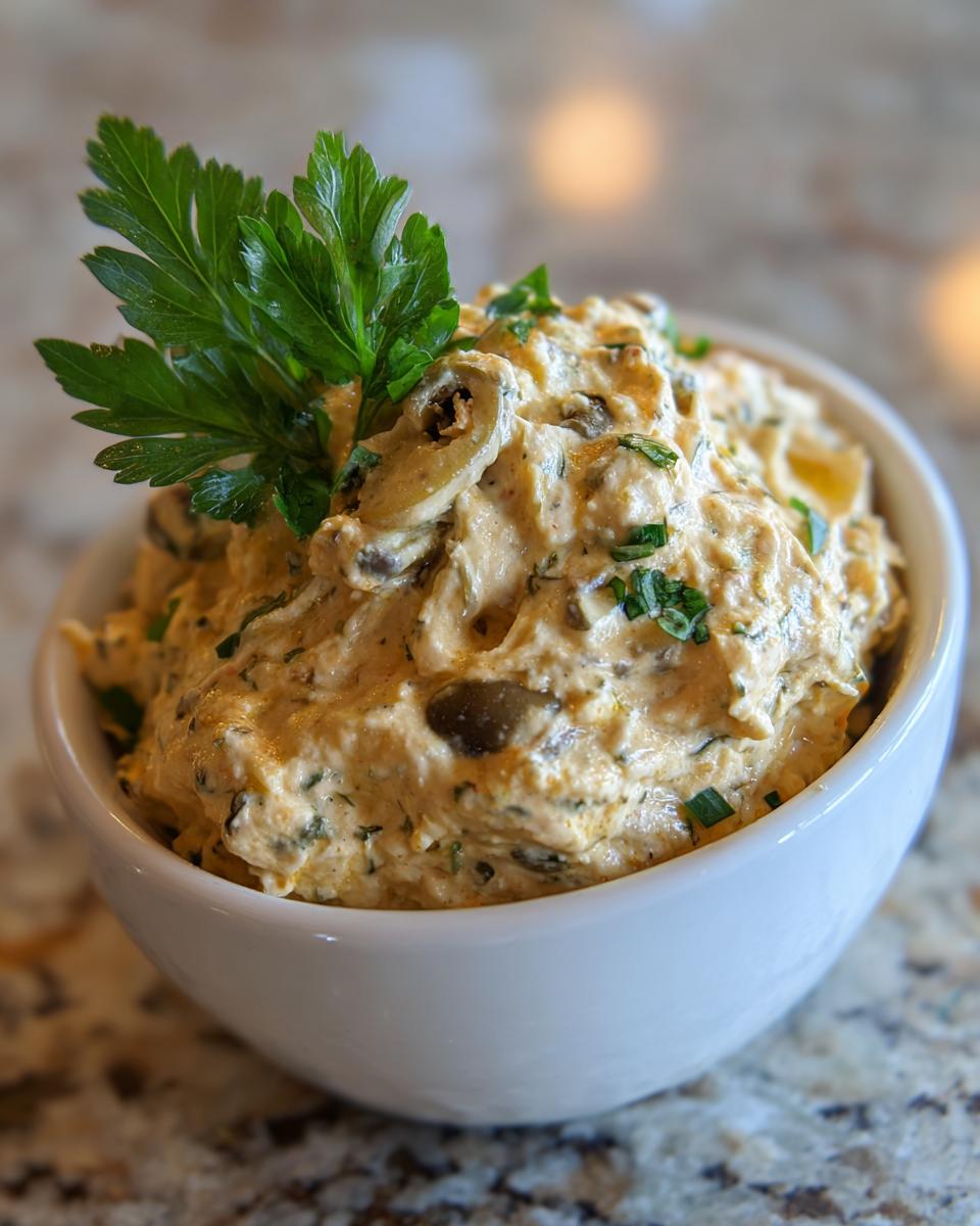 Close-up of a creamy, savory olive dip garnished with fresh parsley in a small white bowl.