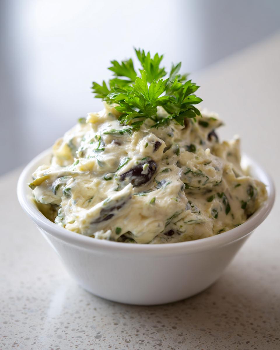 A small white bowl filled with creamy olive dip mixed with herbs and dark olives, topped with fresh parsley.