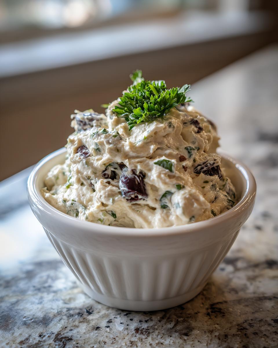 A close-up of creamy white olive dip mixed with dark olives and herbs, topped with fresh parsley in a white bowl.