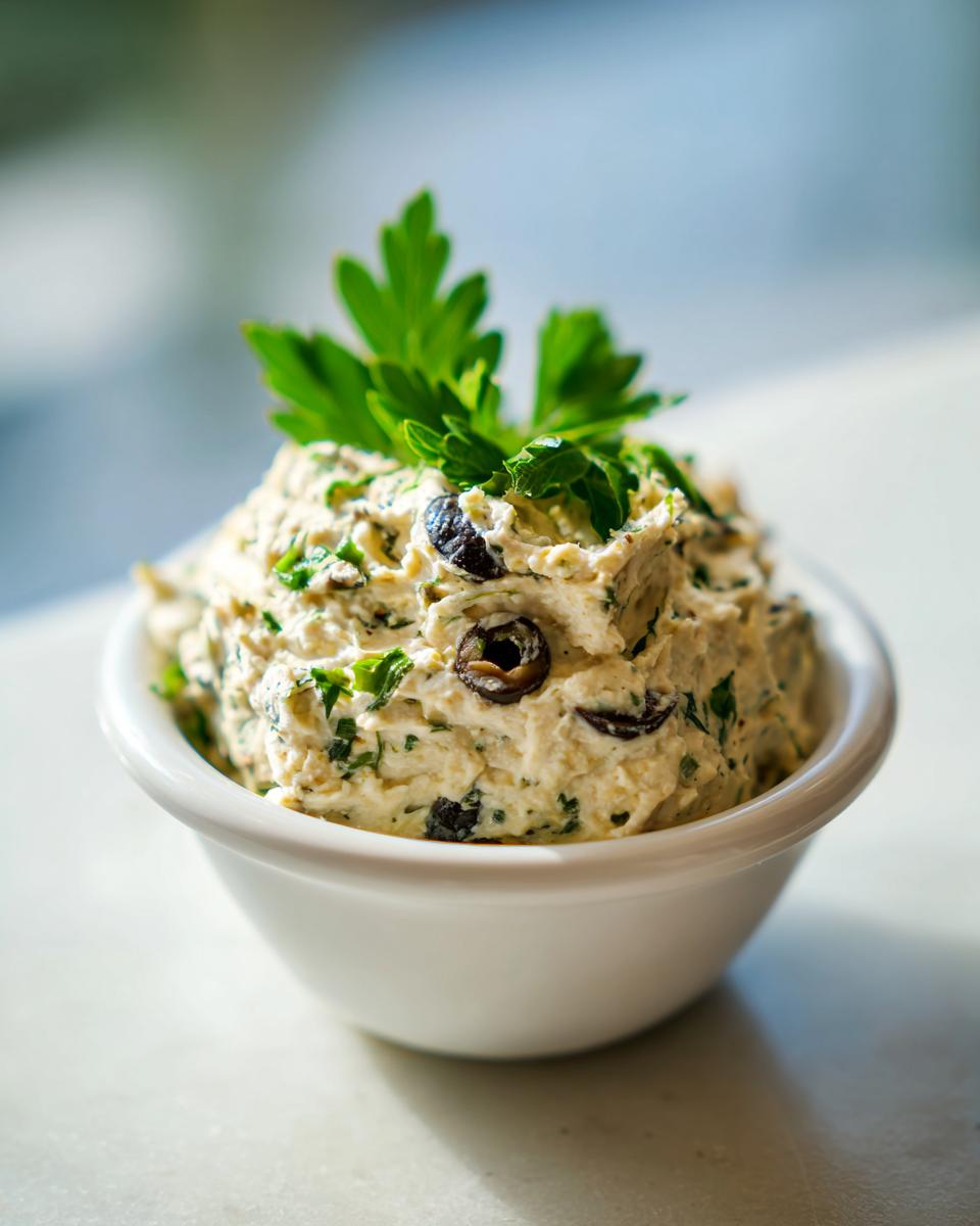 A small white bowl filled with creamy olive dip, featuring visible pieces of black olives and topped with fresh parsley.