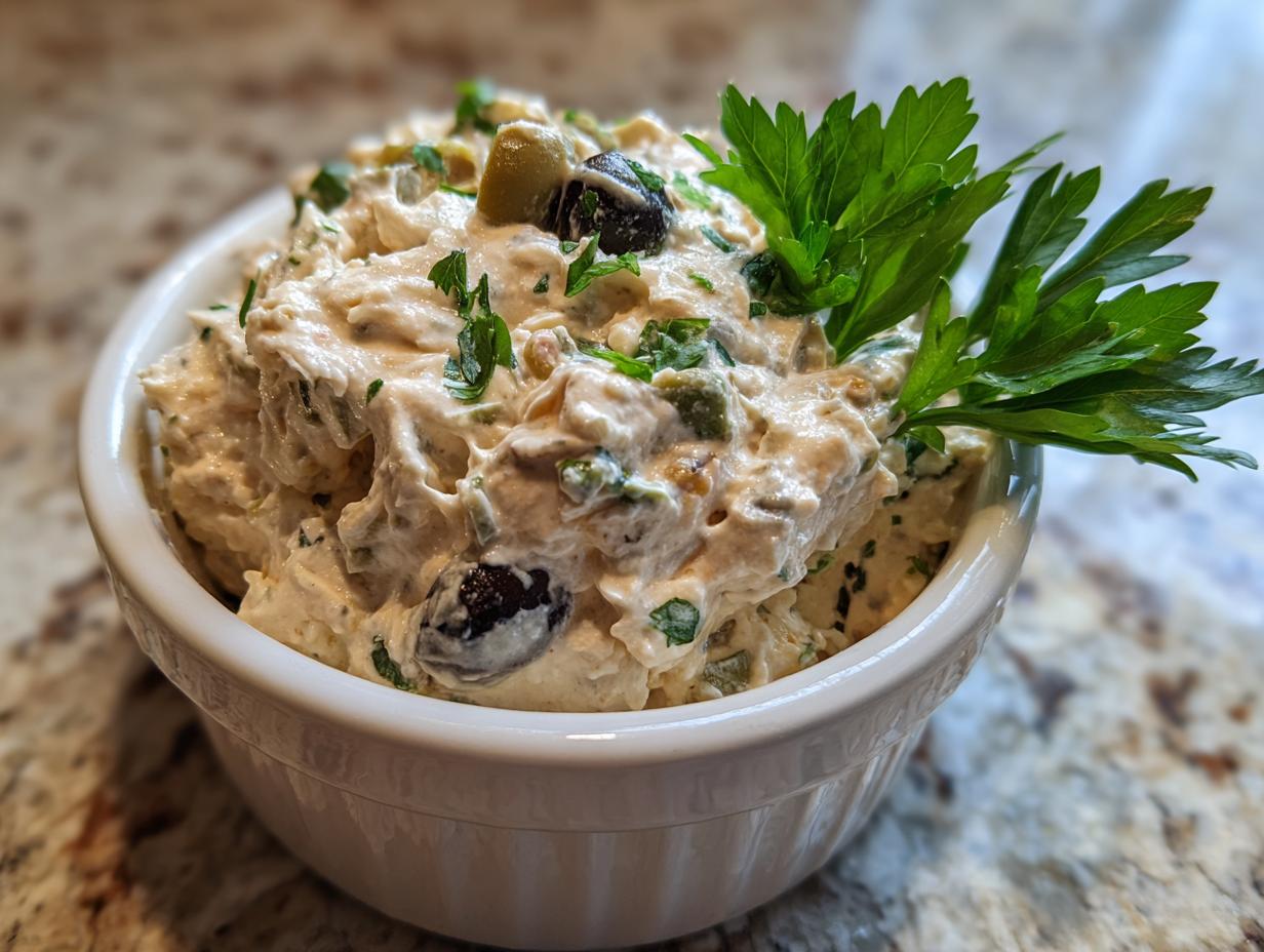 Close-up of a creamy olive dip garnished with black olives, green olives, and fresh parsley in a small white bowl.