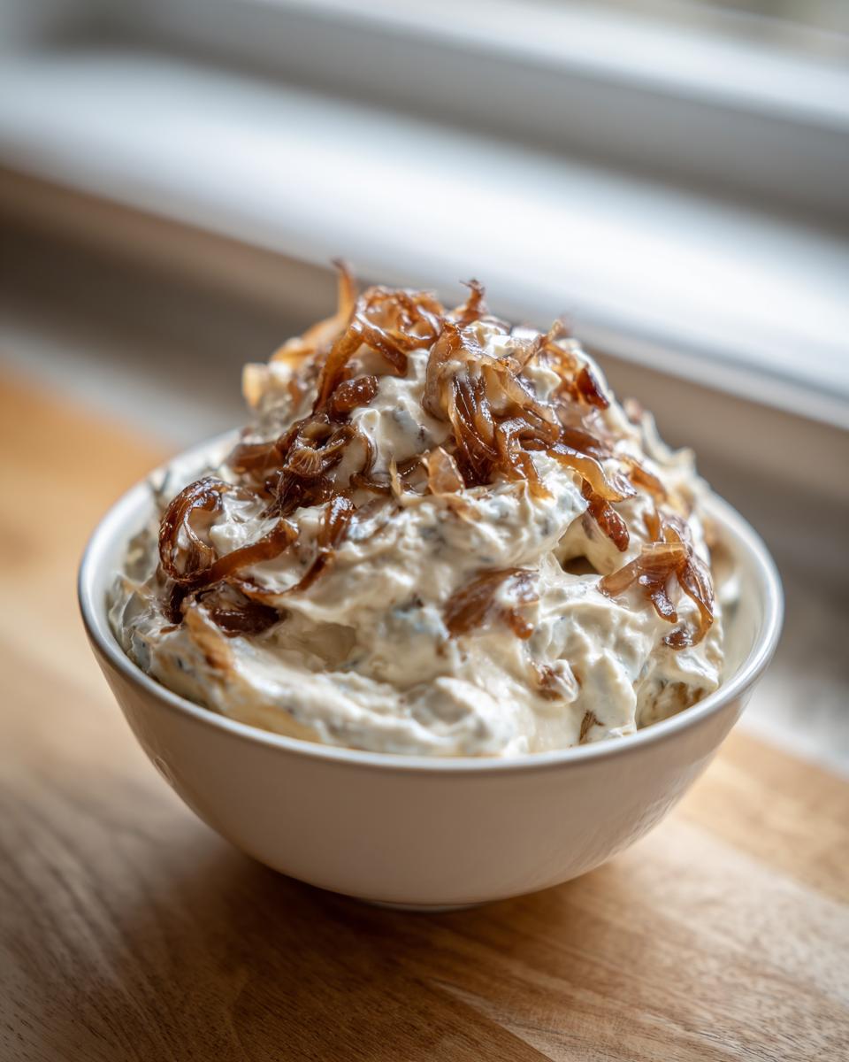 A white bowl filled with creamy onion dip, generously topped with crispy caramelized onions.