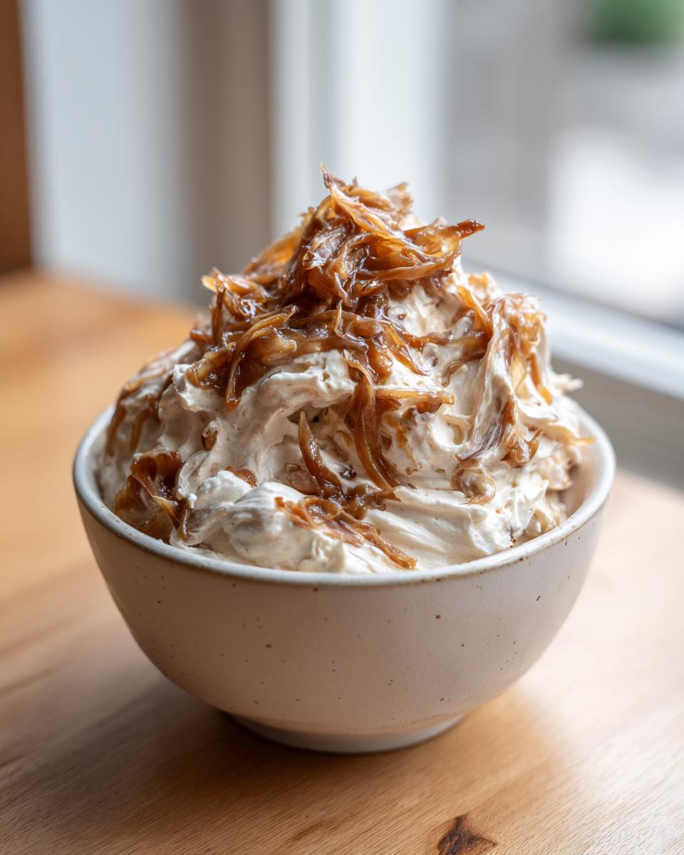 A bowl of creamy onion dip generously topped with rich, caramelized onions.