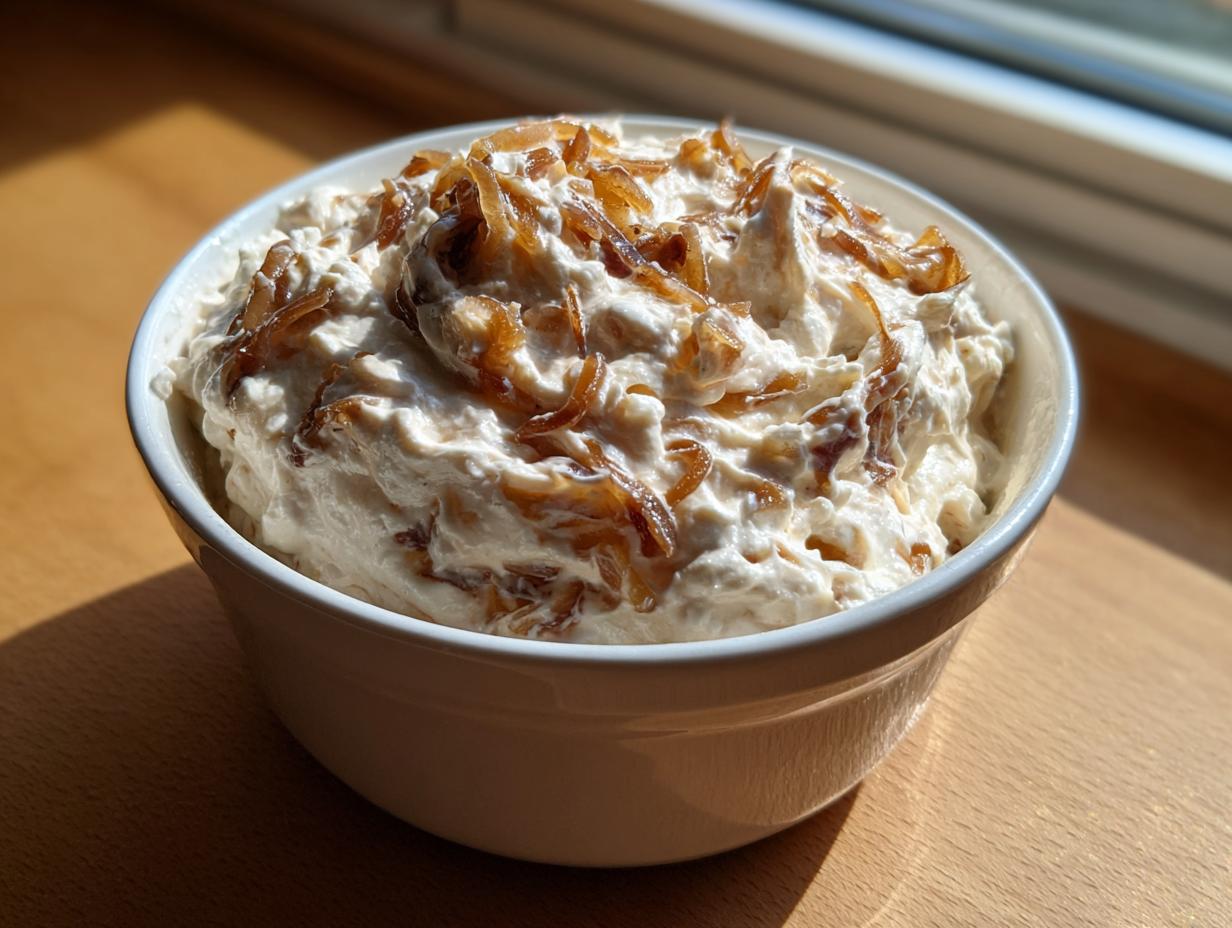A white bowl filled with creamy onion dip, generously topped with golden caramelized onions.