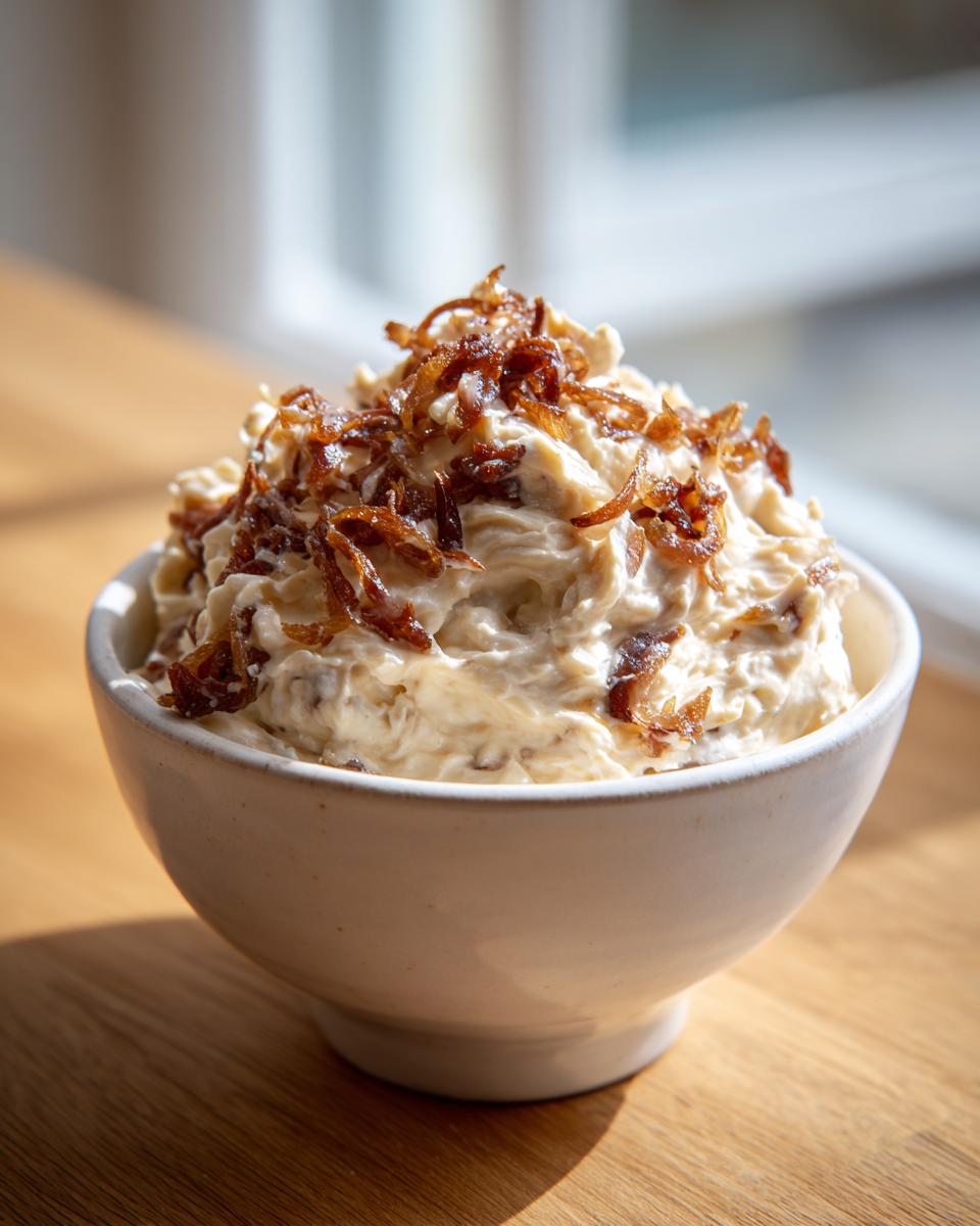 A bowl of creamy onion dip generously topped with crispy fried onions, ready for serving.