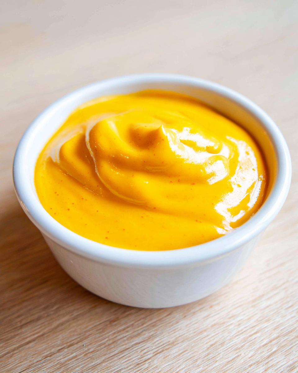 Close-up of smooth, vibrant orange beer cheese dip swirled in a small white ramekin on a light wooden surface.
