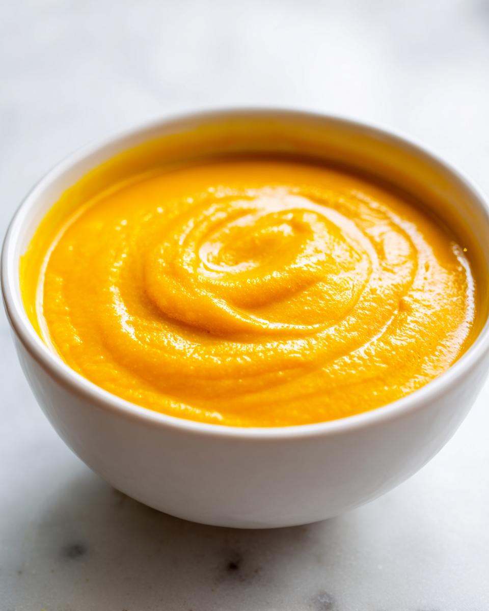 Close-up of a vibrant orange, creamy cheese soup with a swirl pattern, served in a white bowl.