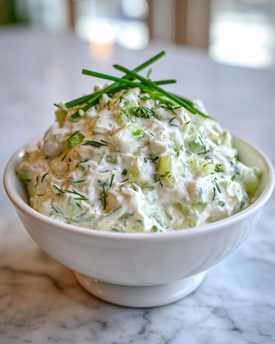 A close-up of a creamy, chunky pickle dip garnished with fresh dill and chives, served in a white bowl.