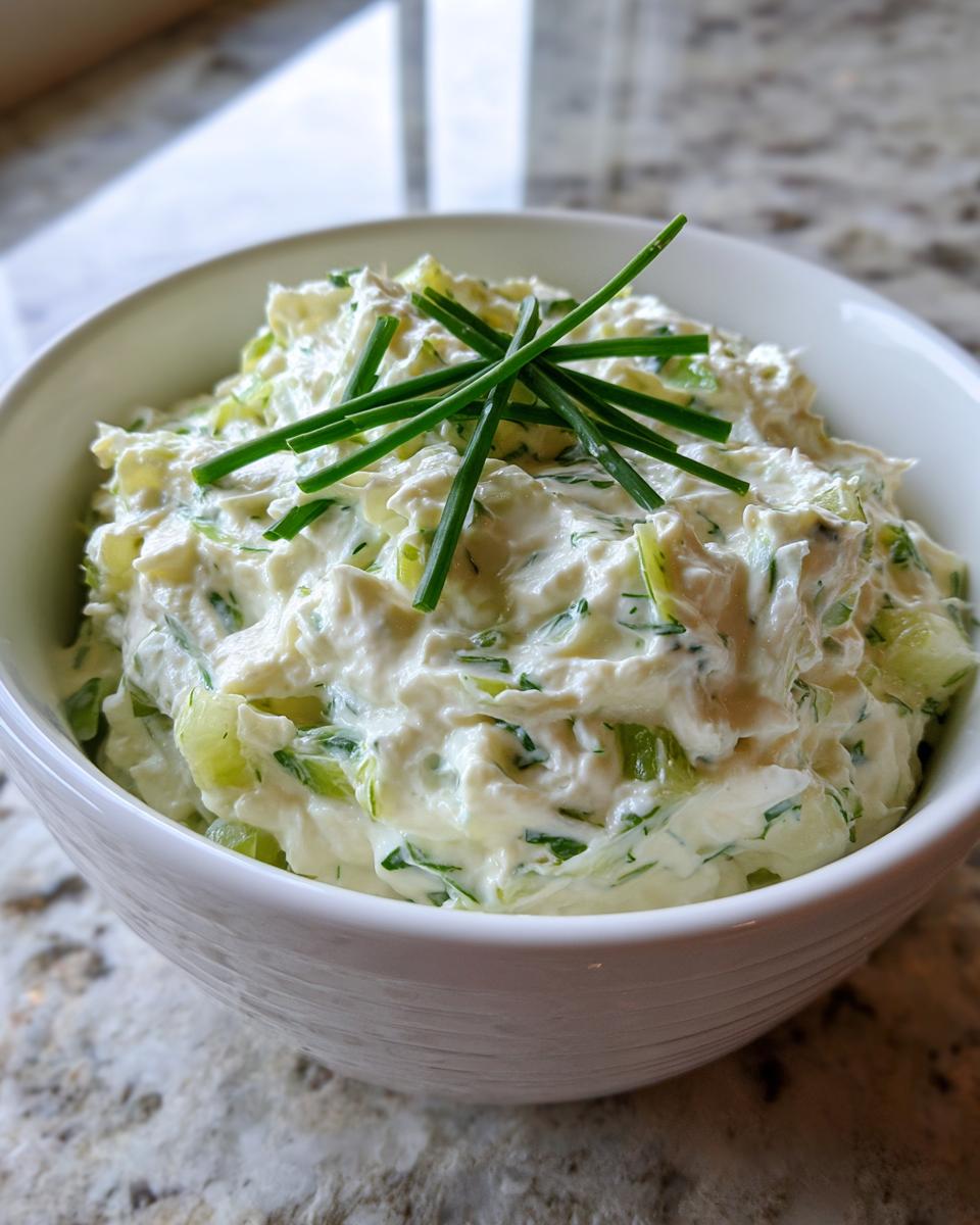 A white bowl filled with creamy pickle dip mixed with chopped pickles and topped with fresh chives.