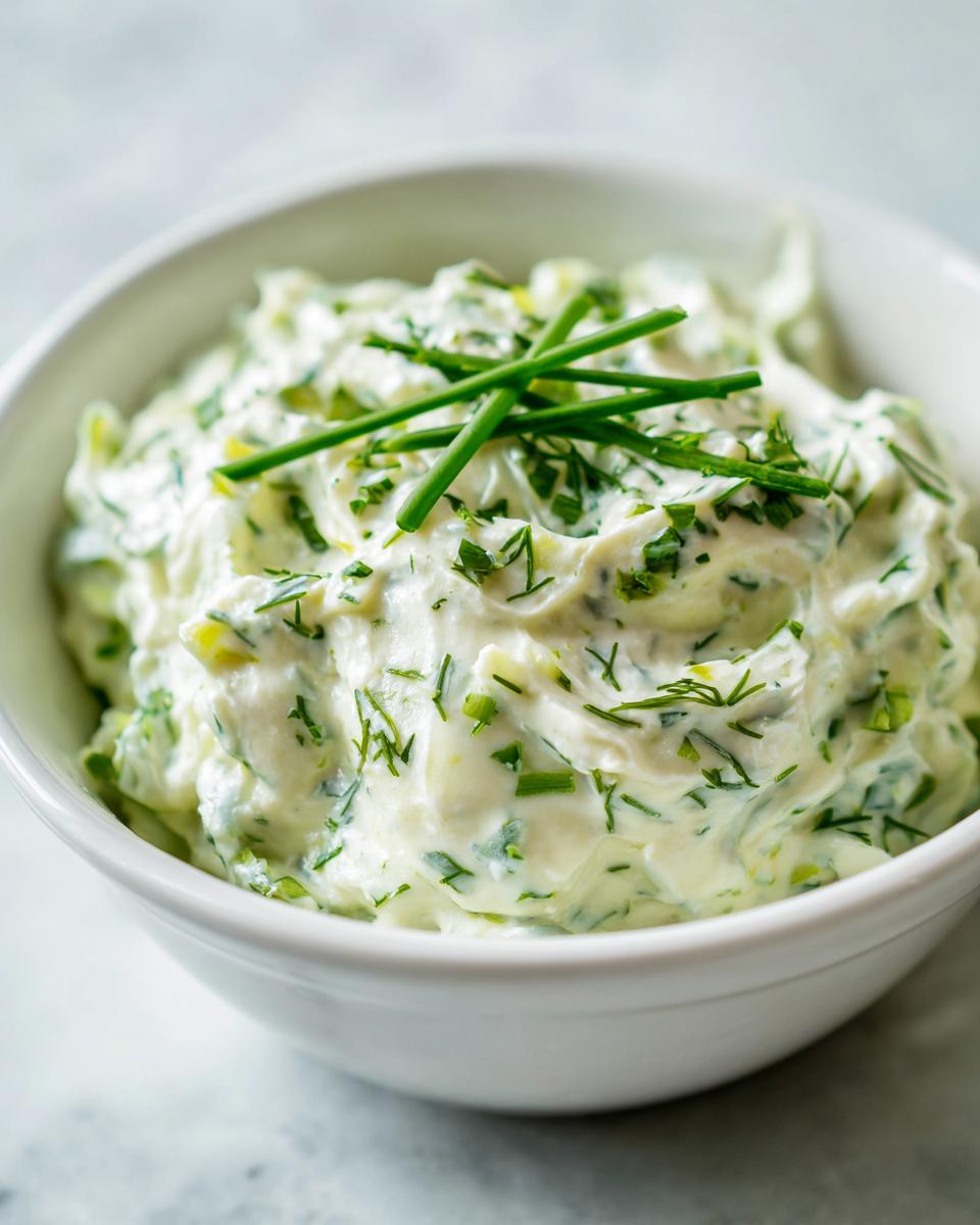 Close-up of a creamy, herbed pickle dip garnished with fresh chives in a white bowl.