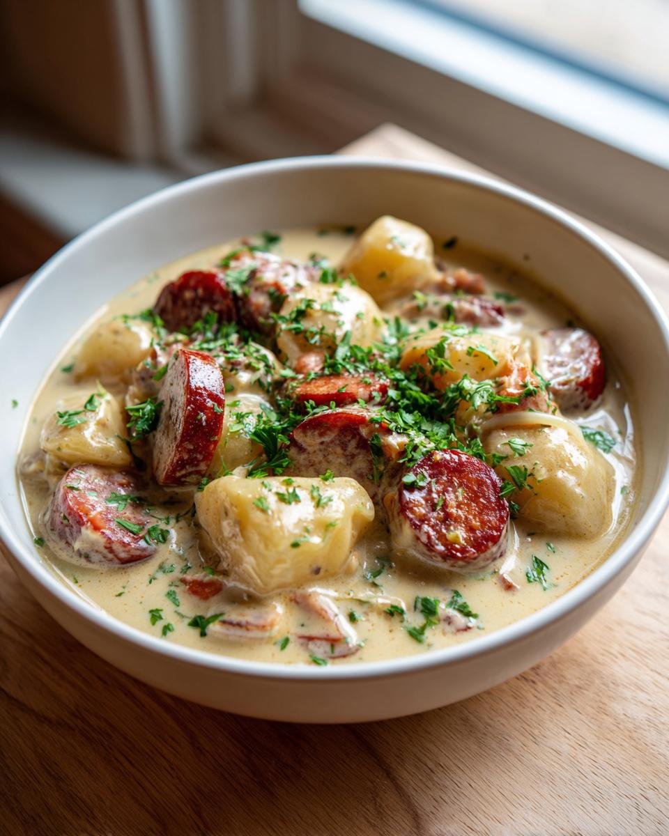 A close-up of a creamy potato and sausage chowder, topped with fresh parsley, served in a white bowl.