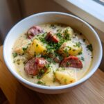 Close-up of a creamy potato and sausage chowder, topped generously with fresh chopped parsley.