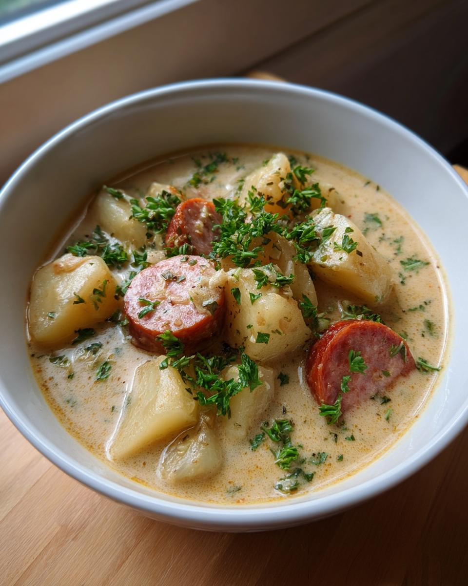 Close-up of a creamy potato and sausage chowder, garnished generously with fresh parsley.