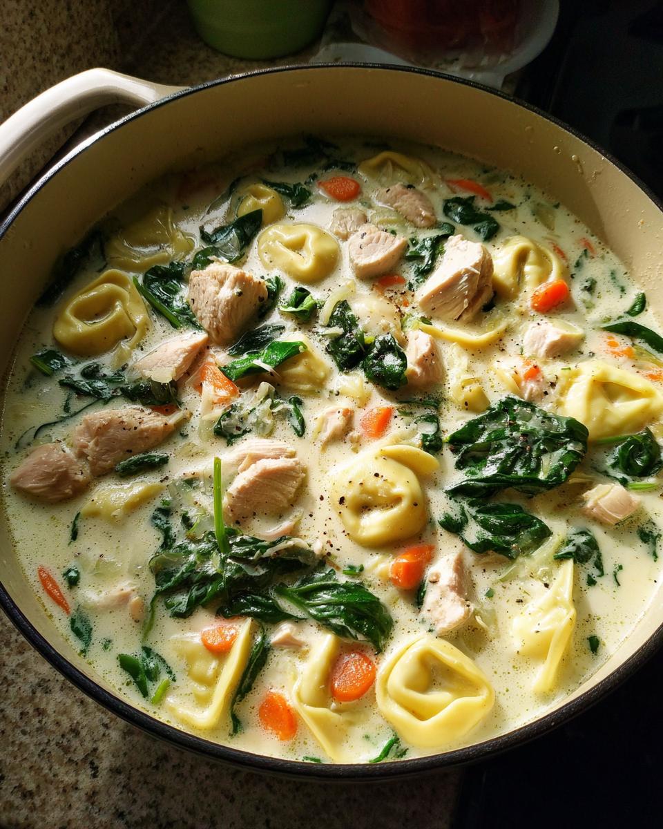 Close-up overhead view of creamy tortellini soup filled with chicken, spinach, and carrots in a light-colored pot.