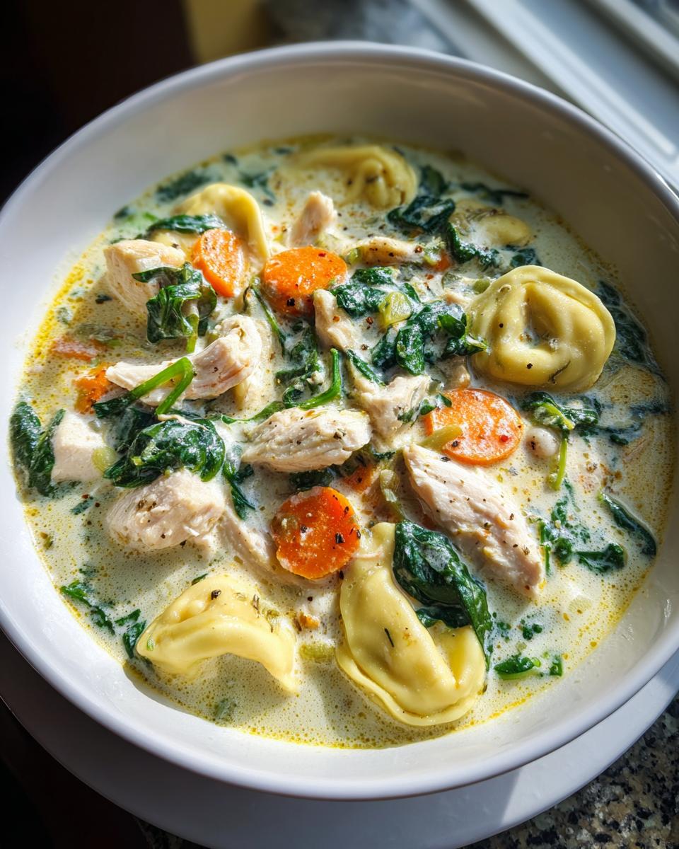 Close-up of a white bowl filled with creamy tortellini soup featuring chunks of chicken, bright orange carrots, and dark green spinach.