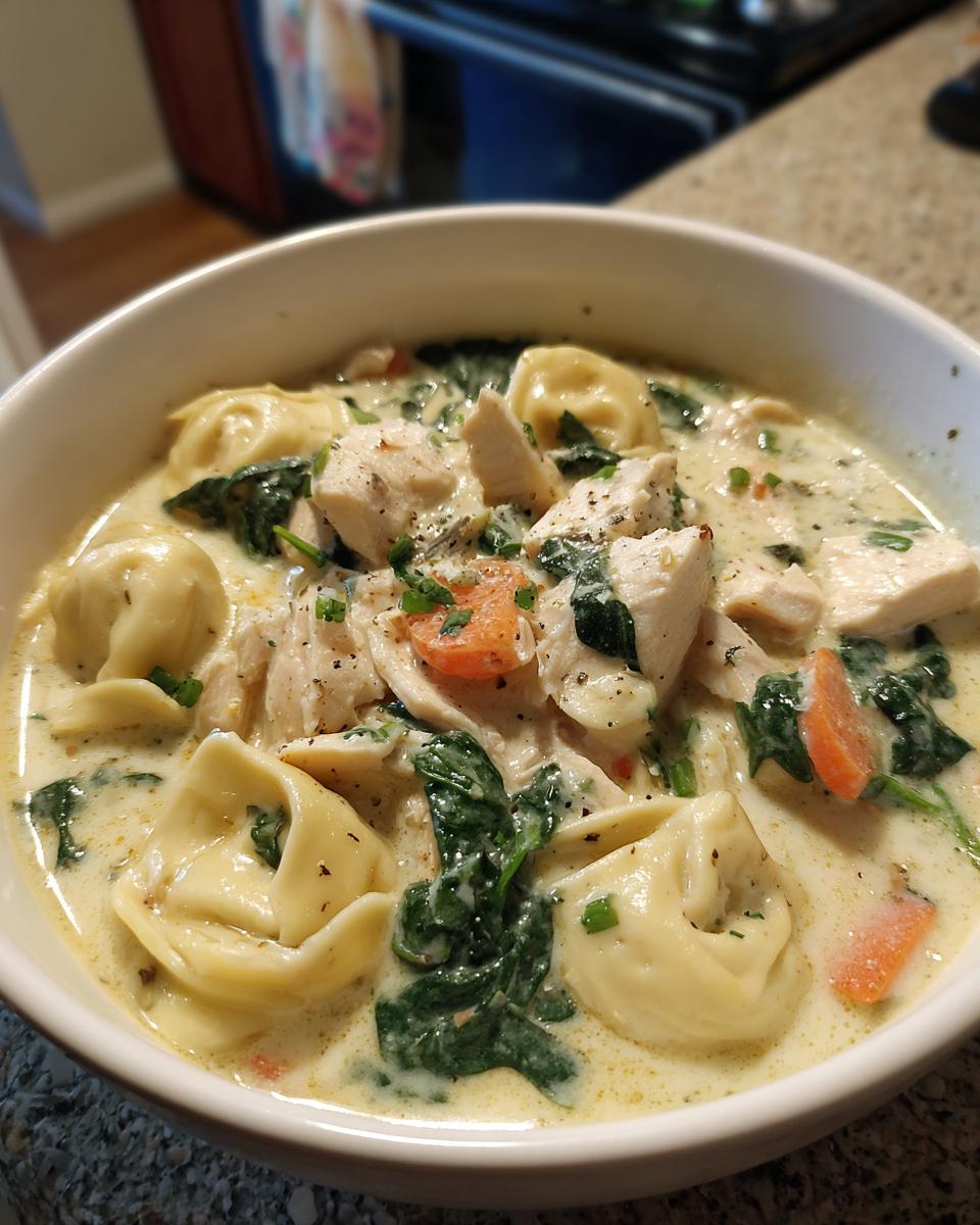 Close-up of a hearty bowl of creamy tortellini soup filled with chicken chunks, spinach, and carrots.