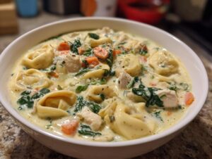 A white bowl filled with rich, creamy tortellini soup featuring chunks of chicken, bright orange carrots, and dark green spinach.