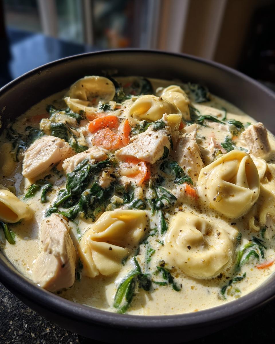 A close-up view of a bowl of creamy tortellini soup filled with cheese tortellini, chunks of chicken, spinach, and sliced carrots.