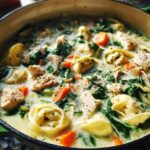 A close-up view of rich, creamy tortellini soup filled with chicken, spinach, and carrots, seasoned with herbs.