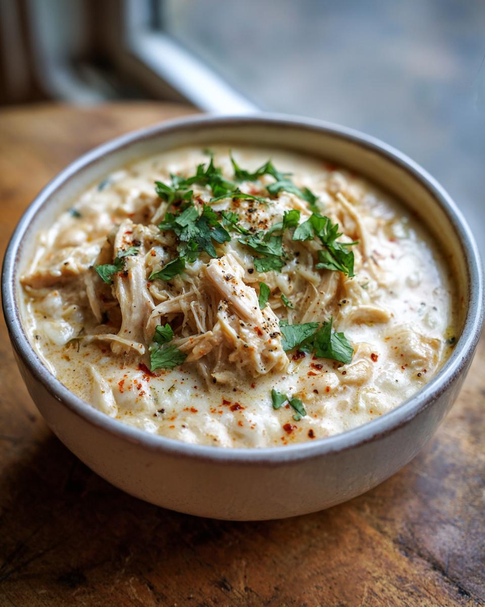 Close-up of a bowl of creamy white chicken chili topped with shredded chicken, fresh parsley, and spices.
