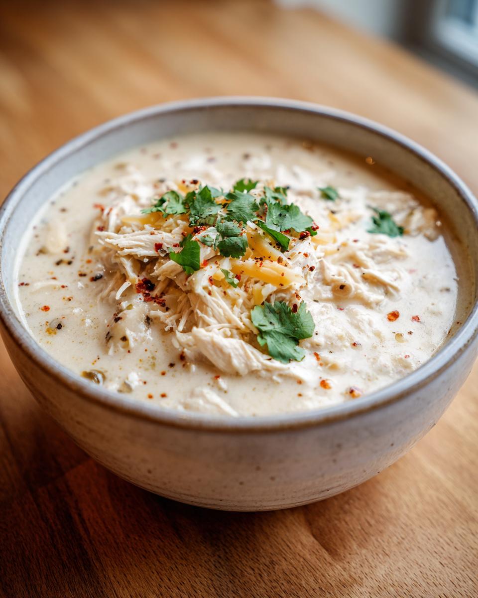 Close-up of a bowl of creamy white chicken chili, generously topped with shredded chicken, cheese, and fresh cilantro.
