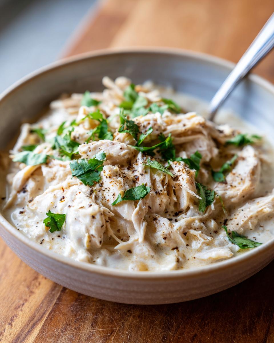 A close-up of shredded chicken in a thick, creamy white sauce, garnished with fresh cilantro and cracked black pepper, representing creamy white chicken chili.