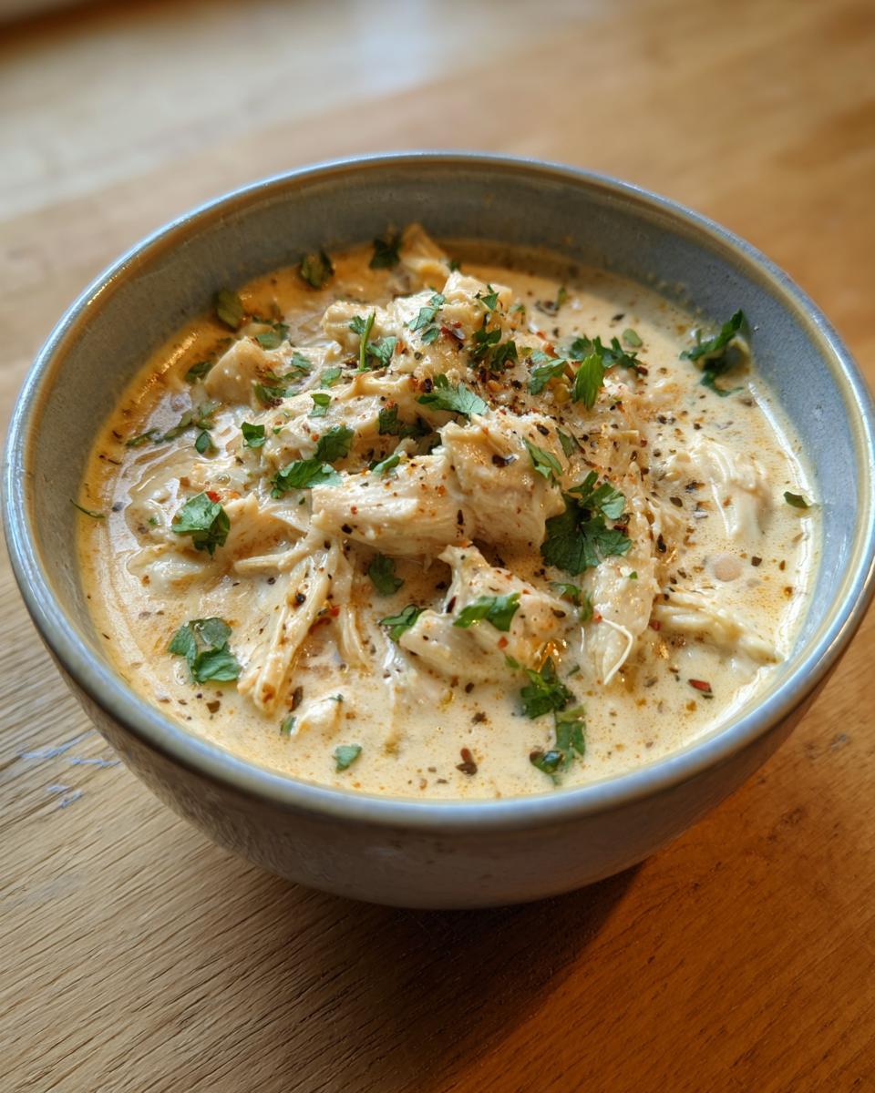 A close-up of a bowl filled with creamy white chicken chili, featuring shredded chicken and garnished with fresh parsley and spices.