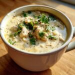 Close-up of a hearty serving of creamy white chicken chili, topped with fresh parsley and pepper.