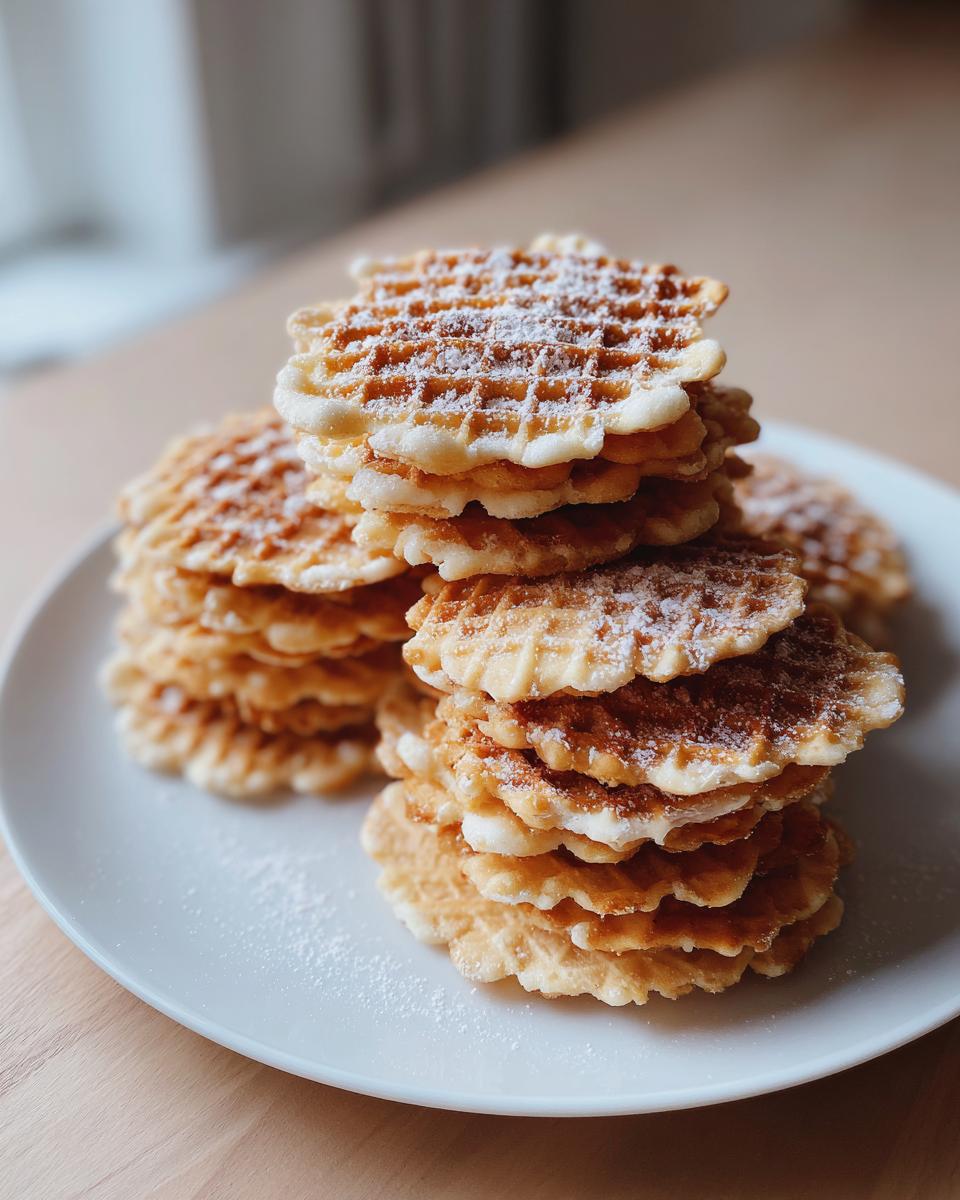 A tall stack of golden brown, crisp pizzelle cookies dusted lightly with powdered sugar on a white plate.