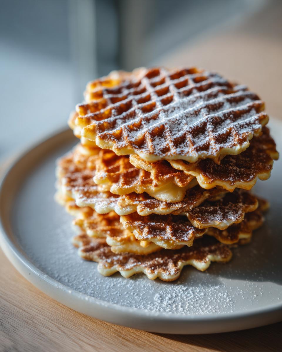 A stack of golden brown, crisp pizzelle cookies dusted generously with powdered sugar on a light gray plate.