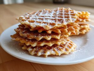 A stack of golden brown, crispy pizzelle cookies lightly dusted with powdered sugar on a white plate.
