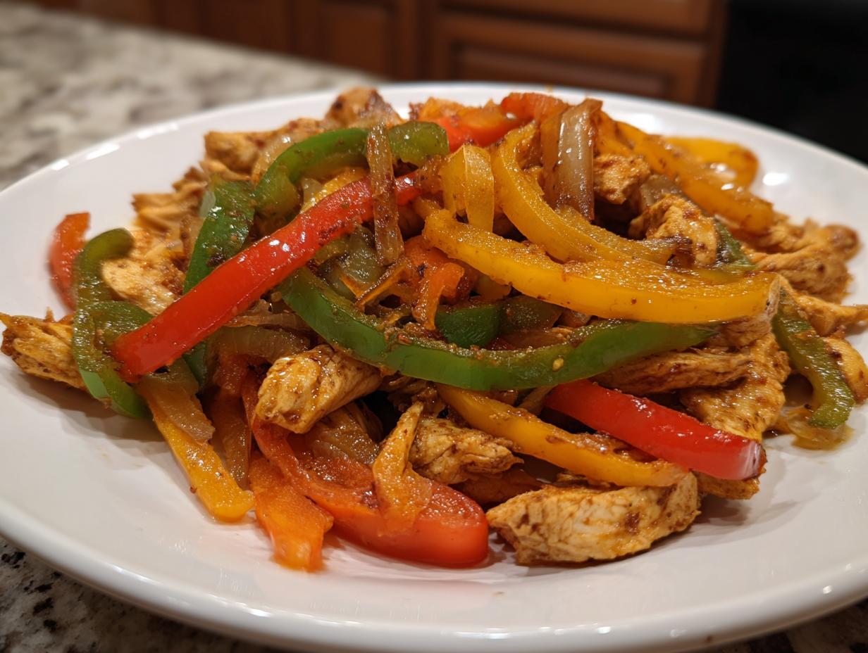 A close-up of seasoned chicken strips mixed with colorful bell peppers (red, green, yellow) and onions, representing the finished crockpot chicken fajitas.