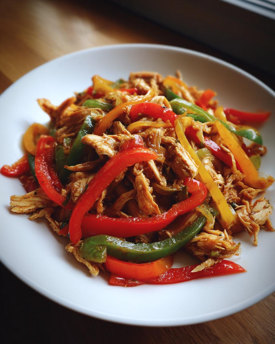 A white bowl filled with shredded chicken and colorful strips of red, green, and yellow bell peppers for crockpot chicken fajitas.
