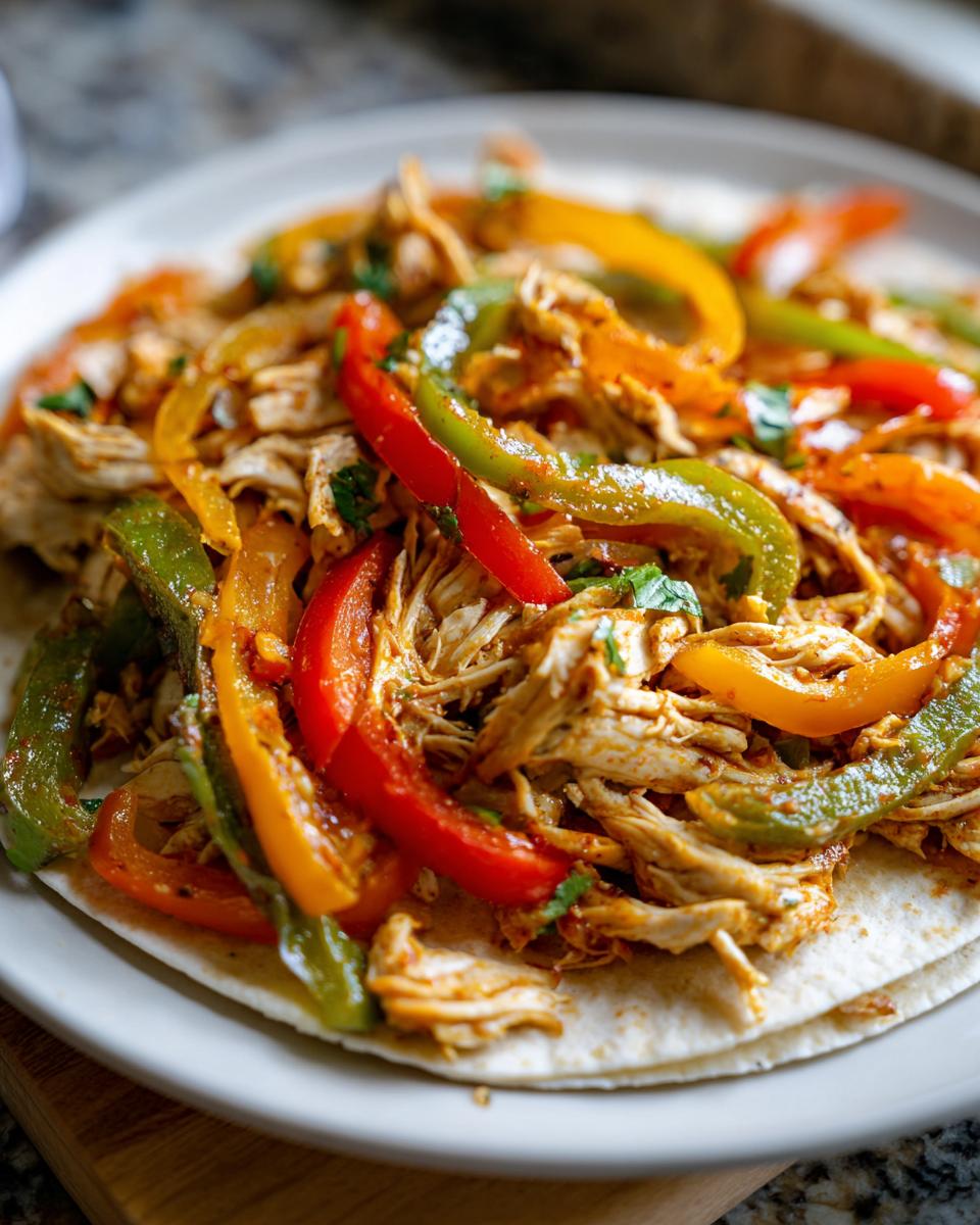 Close-up of shredded chicken and colorful bell peppers ready for crockpot chicken fajitas served on a soft tortilla.