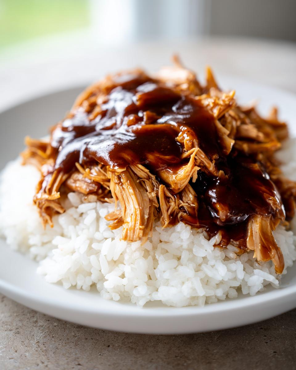 Close-up of shredded crockpot teriyaki chicken smothered in dark sauce served over white rice.