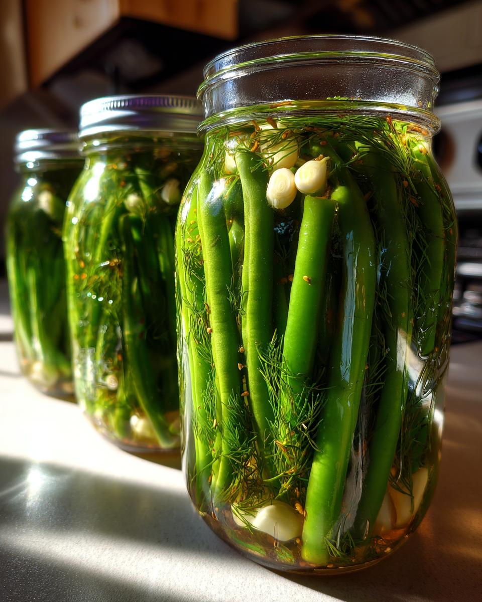 Close-up of three glass jars filled with bright green dilly beans, fresh dill, and garlic cloves ready for pickling.