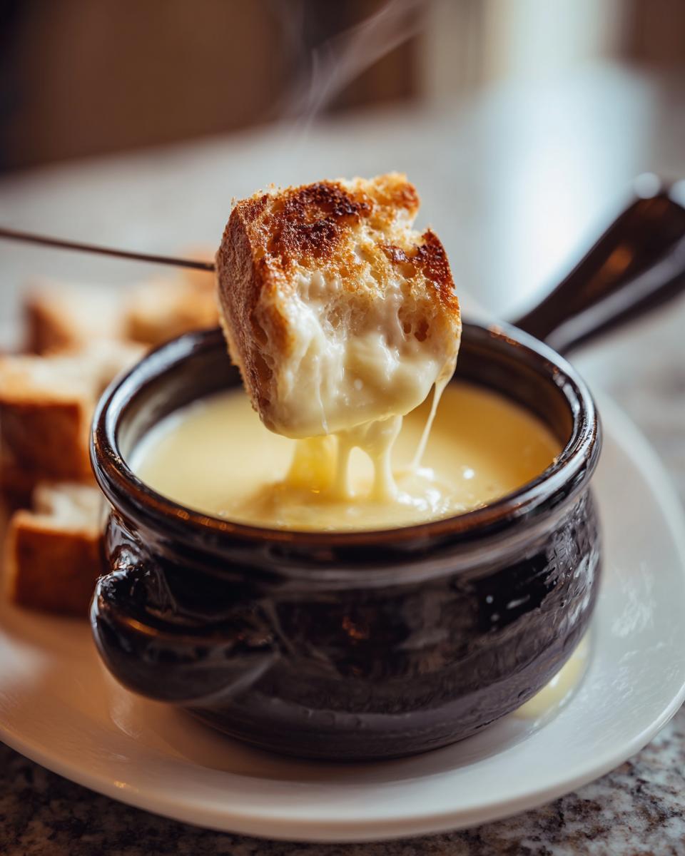 A piece of toasted bread dripping with melted cheese fondue being dipped into a small, dark pot.