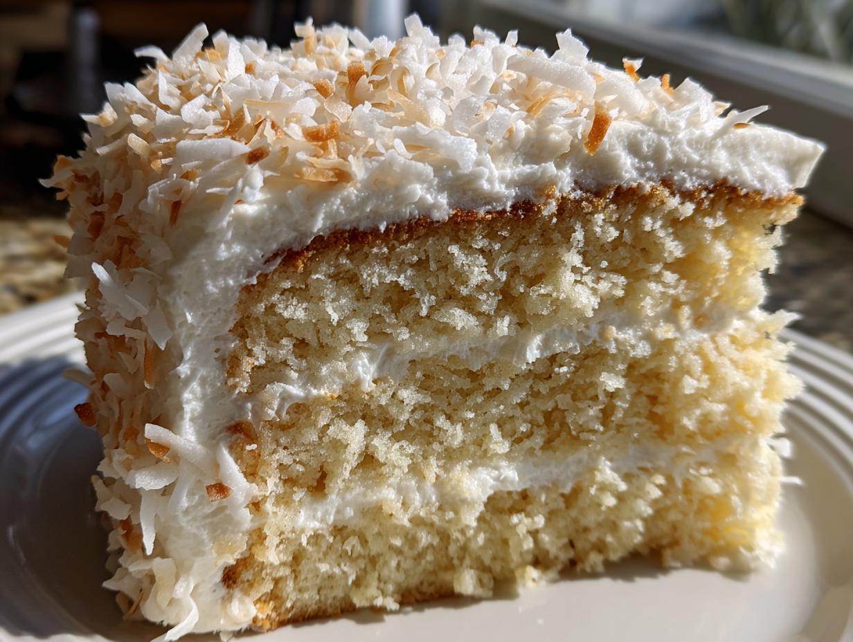 Close-up of a moist slice of coconut cake layered with white frosting and topped with toasted coconut flakes.