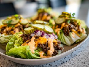 Four servings of a healthy cheeseburger bowl made with seasoned ground beef in lettuce cups, topped with sauce, pickles, and onions.
