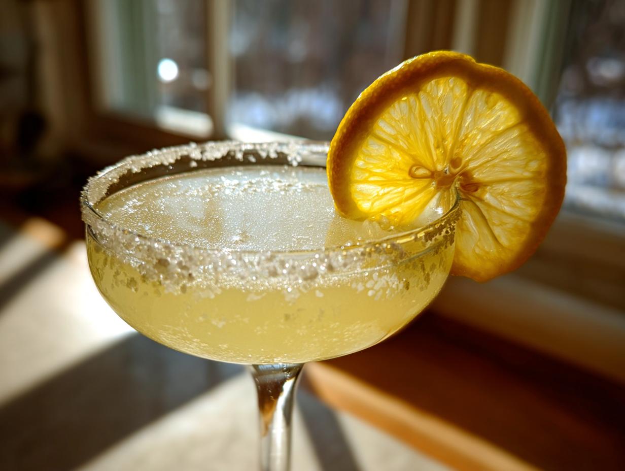 A frosty lemon drop martini in a coupe glass with a thick sugar rim and a backlit lemon wheel garnish.