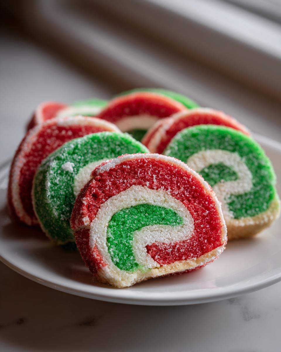A plate of colorful red, white, and green pinwheel cookies coated in sugar.