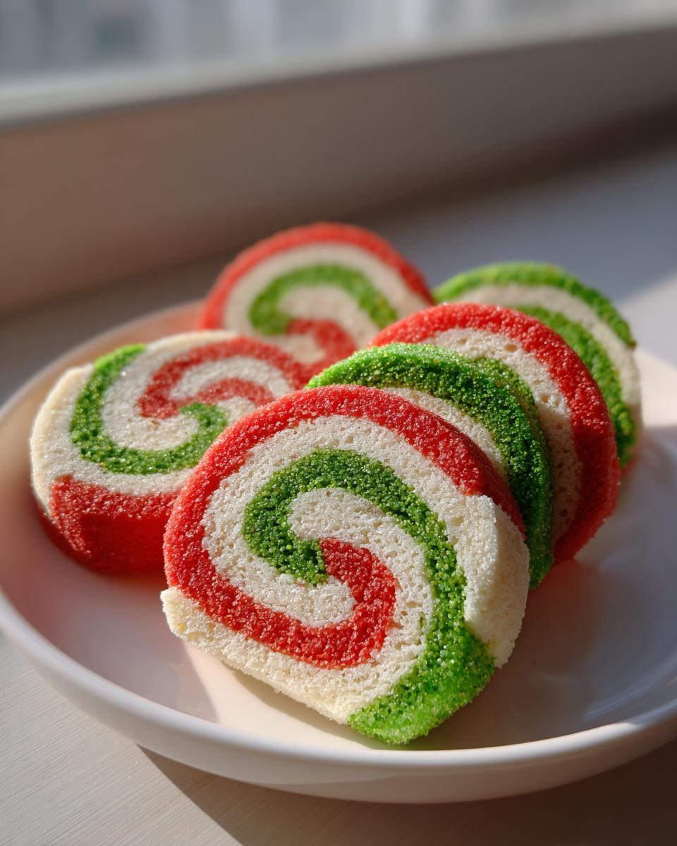 Close-up of several festive red, white, and green pinwheel cookies slices dusted with colored sugar.