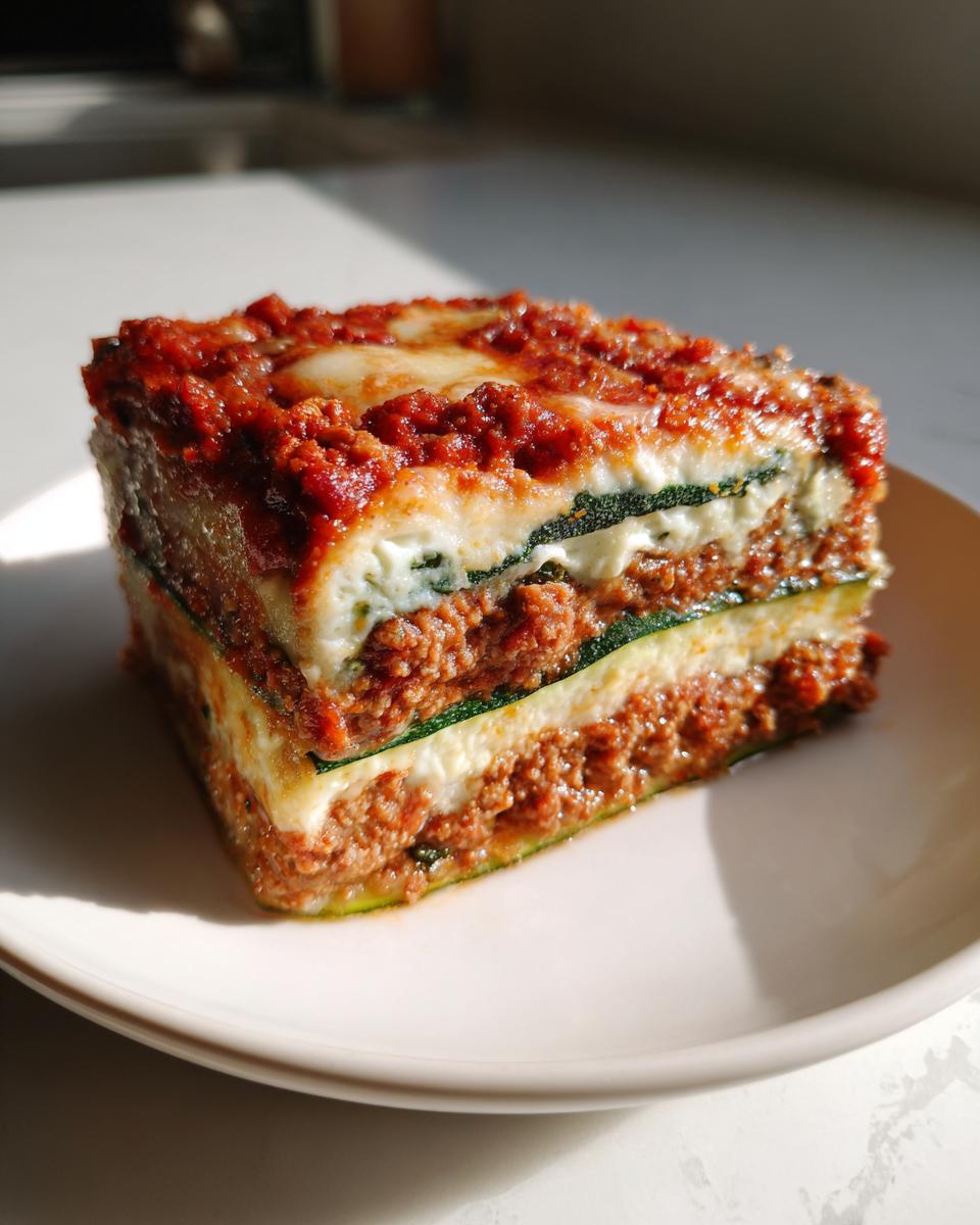 A firm, layered slice of zucchini lasagna featuring zucchini noodles, ricotta, and meat sauce, served on a white plate.